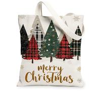 Christmas Trees Canvas Tote Bags, Rustic Holiday Pattern Reusable Grocery Bags, Vintage Lightweight Washable Shoulder Strap, White, 13x15 Inch
