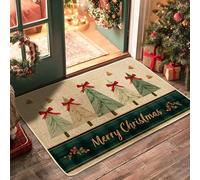 Christmas Trees Door Mat, Festive Traditional Red Ribbons Gold Hearts Xmas Green Non-Slip Dirt Trapper Back Doormat Entryway Decor for Front Porch Bathroom Office 29x17 Inch