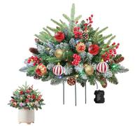Christmas Trees Outdoor Decorations, Prelit Snow Flocked Xmas Pine Trees with Cones, Red Berries, Artificial Urn Filler Entrance Tree with Lights, Battery Operated Potted Tree for Indoor, Porch (A)