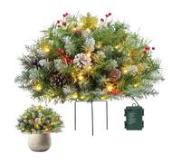 Christmas Trees Outdoor Decorations, Prelit Snow Flocked Xmas Pine Trees with Cones, Red Berries, Artificial Urn Filler Entrance Tree with Lights, Battery Operated Potted Tree for Indoor, Porch (B)