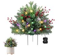 Christmas Trees Outdoor Decorations, Prelit Snow Flocked Xmas Pine Trees with Cones, Red Berries, Artificial Urn Filler Entrance Tree with Lights, Battery Operated Potted Tree for Indoor, Porch (C)