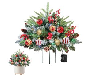 Christmas Trees Outdoor Decorations, Prelit Snow Flocked Xmas Pine Trees with Cones, Red Berries, Artificial Urn Filler Entrance Tree with Lights, Battery Operated Potted Tree for Indoor, Porch (A)