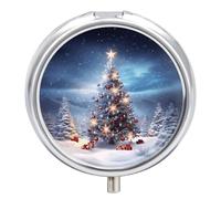 Christmas Trees Pill Box 3 Compartment Small Pill Case with Mirror for Purse & Pocket Travel Medicine Organizer Daily Medication Container Portable Pillbox Metal Medicine Box Round Meds Case