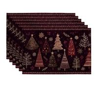 Christmas Trees Placemats, Burgundy Holiday Table Mats for Dining, Non-Slip Washable Indoor Outdoor Decorative Placemat Set of 6