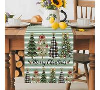 Christmas Trees Stars Bow Table Runner 72 Inches Long, Green White Striped Background Washable Table Runners Heat-Insulation Kitchen Dining Table Decorations for Home Party Decor 13x72in