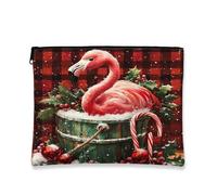 Christmas Tropical Bird Makeup Bag, Buffalo Check Vintage Cosmetic Travel Pouch for Women, Portable Canvas Zipper Organizer, Holiday Skincare Toiletry Bag 7x9 Inch