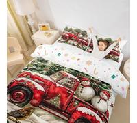 Christmas Truck Kids Duvet Cover Set Super King,Snowman Pine Tree Holly Leaves Girls Boys Bedding Set,Bird Rustic Farmhouse Xmas Room Decor,Red White Green Quilt Cover,2 Pillowcases(No Comforter)