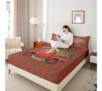 Christmas Truck Kids King Size Fitted Sheet,Geometric Plaid Grid Patchwork Room Decor,Pine Tree Snowflake Boys Girls Bed Sheets,Green Red Bedding Set,2 Pillowcases(No Flat)