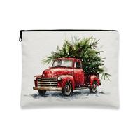 Christmas Truck Makeup Bag, Vintage Red Pickup Tree Cosmetic Pouch for Holiday Travel, Portable Canvas Zipper Toiletry Organizer, Red, 7x9 Inch, Truck