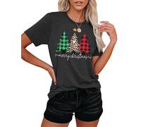 Christmas Tshirt Women Merry Christmas Leopard Tree Graphic T-Shirts Short Sleeve Xmas Holiday Tops (Grey-a,L)
