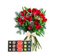 Christmas Tulips Bouquet - Fresh Christmas Flowers - Festive Floral Arrangements for Holiday Décor, Gifts, Celebrations, Winter Weddings, and Special Gatherings. (+ Van Roy Chocoaltes)