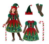 Christmas Tutu Dress Costume Set with Light Up Skirt Hat Socks Candy Cane | Built in Colourful LED Lights Illuminate the Tutu Skirt for Festive Parties Seasonal Holiday Photos and Dress Up Events