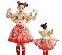 Christmas Tutu Dress for Children, Christmas Dance Costumes for Girls, Set of 3 Print Carnival Parties, Dress Up with Headpiece and Wings, Skin-friendly Tulle Dress with Elk Design and Cartoon Dr