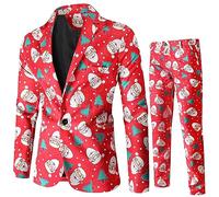 Christmas Tuxedo Suits for Men 2 Piece Regular Fit Suit Snowfalke Santa Print Blazer Jacket Pants Men Xmas Costume Set (Red, XL)