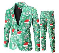 Christmas Tuxedo Suits for Men 2 Piece Regular Fit Suit Snowfalke Santa Print Blazer Jacket Pants Men Xmas Costume Set (Green, XXXXL)