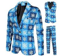 Christmas Tuxedo Suits for Men Snowflake Snowman Print Blazer Jacket Pants Vests Men Suit 3 Piece Set Fun Ugly Men Xmas Costume Set (C-Sky Blue Snowflake, XL)