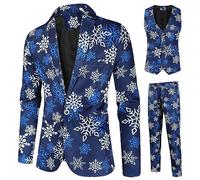 Christmas Tuxedo Suits for Men Snowflake Snowman Print Blazer Jacket Pants Vests Men Suit 3 Piece Set Fun Ugly Men Xmas Costume Set (C-Blue Snowflake, M)