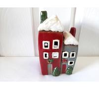 Christmas Two House Tall Cottages Tea Light Holder Red Grey Village Pottery
