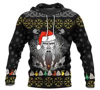 Christmas Viking Odin Crow Hoodie, 3D Printed Norse Mythology Fleece Sweatshirt Pullover Hoodies with Kanga Pocket,Hoodie,XL