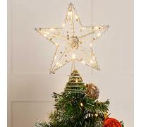 Christmas Village 20 LED Light Up Star Tree Topper Festive Decoration 20CM sized Xmas Trees - Battery Powered Timer Function Decoration For Home Office Party Décor (Silver)