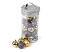 Christmas Village 30 Piece Christmas Tree Decoration Bauble Set With PVC Storage Bag - 6cm Xmas Ornament - Home Office, Holiday Décor - Set includes Mat, Shiny, Glitter Patterned Baubles (Gold/Silver)