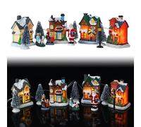 Christmas Village, Christmas Village Sets 10Pcs/Set Light Up Miniature Winter Simulation Resin Decorative Xmas Town House Sets, No Battery