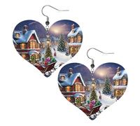 Christmas village Double-Sided Faux Leather Large Dangle Earrings for Women Heart-Shape Lightweight Spring Winter Decorative Earrings for Holiday Concert Party Decor Gifts