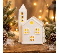 Christmas Village Figurines,Ceramic White Xmas Village Houses with LED Light,Small Porcelain Tabletop House Figurines Christmas Decorations for Holiday Winter Home Mantle Shelf Decor (RH2251(A))