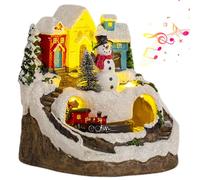 Christmas Village Figurines Electric Musical Christmas Village House with Spinning Train 8 Music & LED Light Town Sets, Snowman