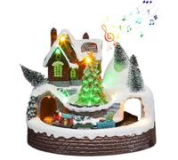 Christmas Village Figurines with Spinning Train and Xmas Tree Resin Christmas Village House with Music & LED Light for Party Home Decor
