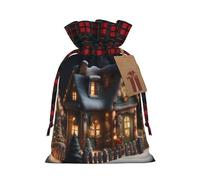 Christmas Village House 4 Print Festive Plaid Gift Bag, Candy Bag, Drawstring Burlap Pouch For Holiday Presents Favor-M