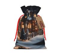 Christmas Village House 4 Print Festive Red Drawstring Bag, Small Favors Pouch Ideal For Christmas Party Gifting-S Size