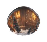 Christmas Village House Print Shower Cap For Women,Reusable Bath Cap,Breathable Shower Caps,Bathing Shower Caps With Adjustable