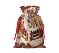 Christmas Village House Printed Christmas Drawstring Bags with Red Ribbon - Reusable Burlap Drawstring Gift Pouches, S