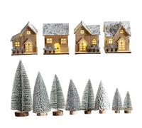 Christmas Village Houses 4PCS Light up Snowman Roof Christmas Houses with 8PCS Xmas Tree for Winter Holiday Home Tabletop Decor
