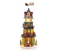 Christmas Village Houses Figurines Bell Tower with Motion and Lights Santa Reindeers Revolving Train Lighted Christmas Animation Village for Xmas Indoor Table Decor Display