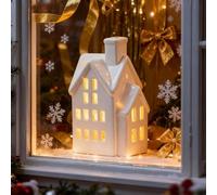 Christmas Village Houses, Small Light Up Xmas Village House Set for DIY, Lighted Snowy Cottage Decor Figurines for Home, Tabletop, Mantel, Shelf, Winter Holiday Display (style D)