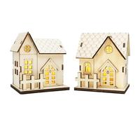 Christmas Village Houses with LED Light 2PCS Wood Christmas Village with Bottom Switch for Tabletop Fireplace Decor 3.2x2.8x3.8 inch