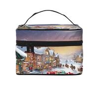 Christmas Village -Print Waterproof Large Cosmetic Bag for Travel & Gym, Makeup Organizer with 4 Elastic Straps & Compartments,Premium Twill Fabric.