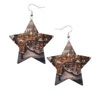 Christmas village Prints Leather star earrings Pendant Stylish and beautiful Lightweight Dangle for Women Girls