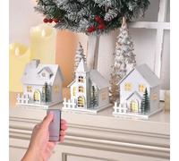 Christmas Village Set of 3 White Xmas Houses with Remote-Control LED Candles, Indoor Christmas Table Decor, Farmhouse Winter Decorations for Tabletop Centerpiece Mantel Shelf (3pcs)