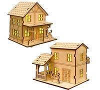 Christmas Village Sets, 2pcs Wooden Christmas Village Houses Decorations Ornaments, Village Light Up Christmas Ornaments Kits, Small Christmas Wooden Houses For Craft