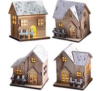 Christmas Village Sets 4PCS LED Light up Wood Christmas Village Scene Battery Operated Mini Christmas House Decorations for Table Window Bedroom,Christmas Village Scene