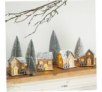Christmas Village Sets, 4pcs Wooden Light up Christmas Village Houses with 8pcs Trees, Xmas Scene Decorations for Mantel Tabletop Home