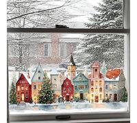 Christmas Village Window Stickers, European Snowy Town with Glowing Windows, Double-Sided Static Clings, Easy Install Winter Festive Decor for Home, Living Room & Shop Front