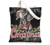 Christmas Vizsla Dog Canvas Tote Bag for Shopping 13 * 15, Fun Xmas Hollies Reusable Grocery Shoulder Cloth Bag for Women, Pet Painting Gift Decor