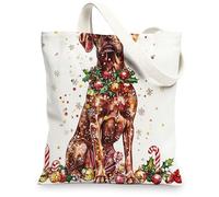Christmas Vizsla Dog Canvas Tote Bag for Shopping 13 * 15, Funny Xmas Balls Reusable Grocery Shoulder Cloth Bag for Women, Pet Painting Gift Decor
