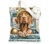 Christmas Vizsla Dog Canvas Tote Bag for Shopping 13 * 15, Luxury Xmas Truck Reusable Grocery Shoulder Cloth Bag for Women, Pet Painting Gift Decor