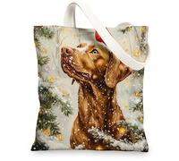 Christmas Vizsla Dog Canvas Tote Bag for Shopping 13 * 15, Xmas Cardinal Snowy Reusable Grocery Shoulder Cloth Bag for Women, Pet Painting Gift Decor