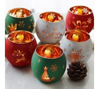 Christmas Votive Candle Holder Set of 6, Red Green White Glass Tealight Holder with 6 Laser Engraving Patterns for Winter Xmas Table Centerpiece Decor